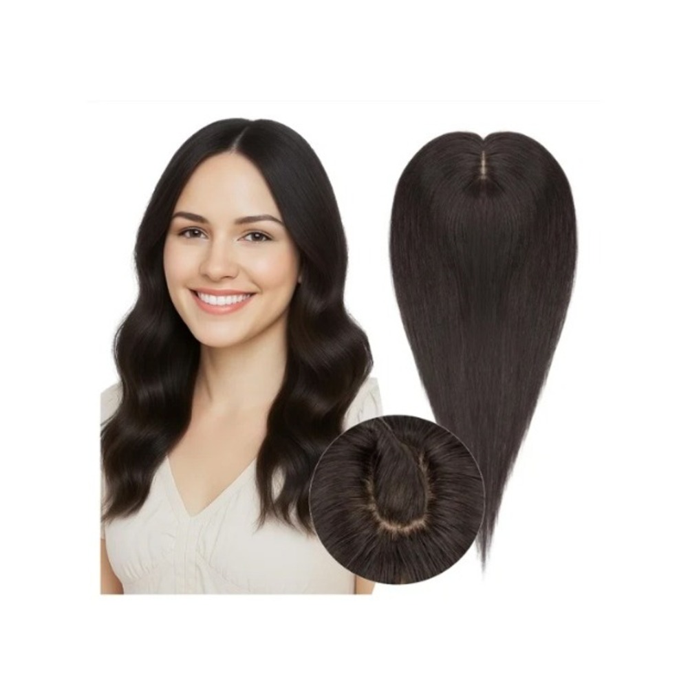 S-noilite 10" Human Hair Topper Silk Base Clip In Natural Black 1B 360 Coverage